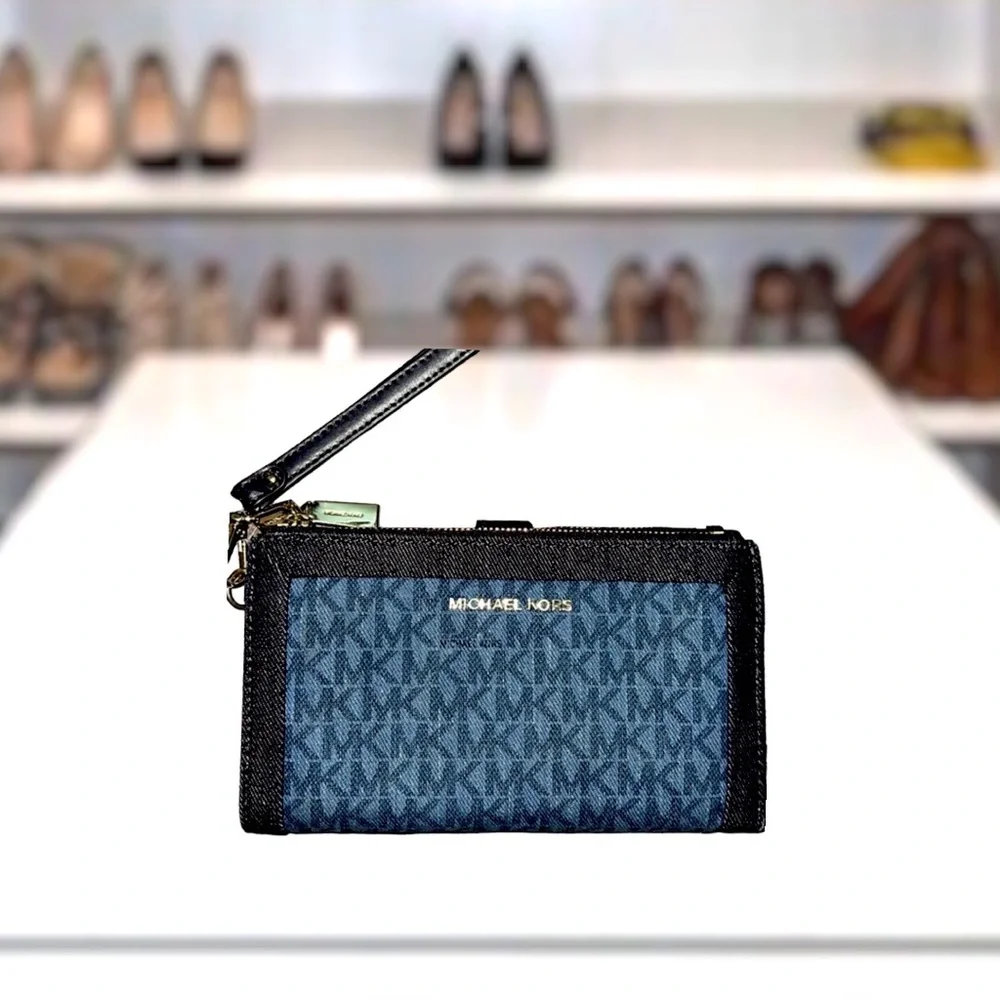 👛Michael Kors Signature Denim Double Zip Wristlet Clutch Wallet - Picture 2 of 12